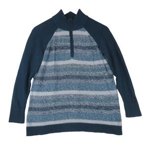 Eddie Bauer 1/4 Zip Sweater Womens Med Teal Stripe Long Sleeve Cotton‎ Pullover
